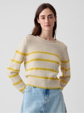 GAP Cream Crewneck Cropped Cotton Shrunken Rollneck Sweater with Yellow Stripes